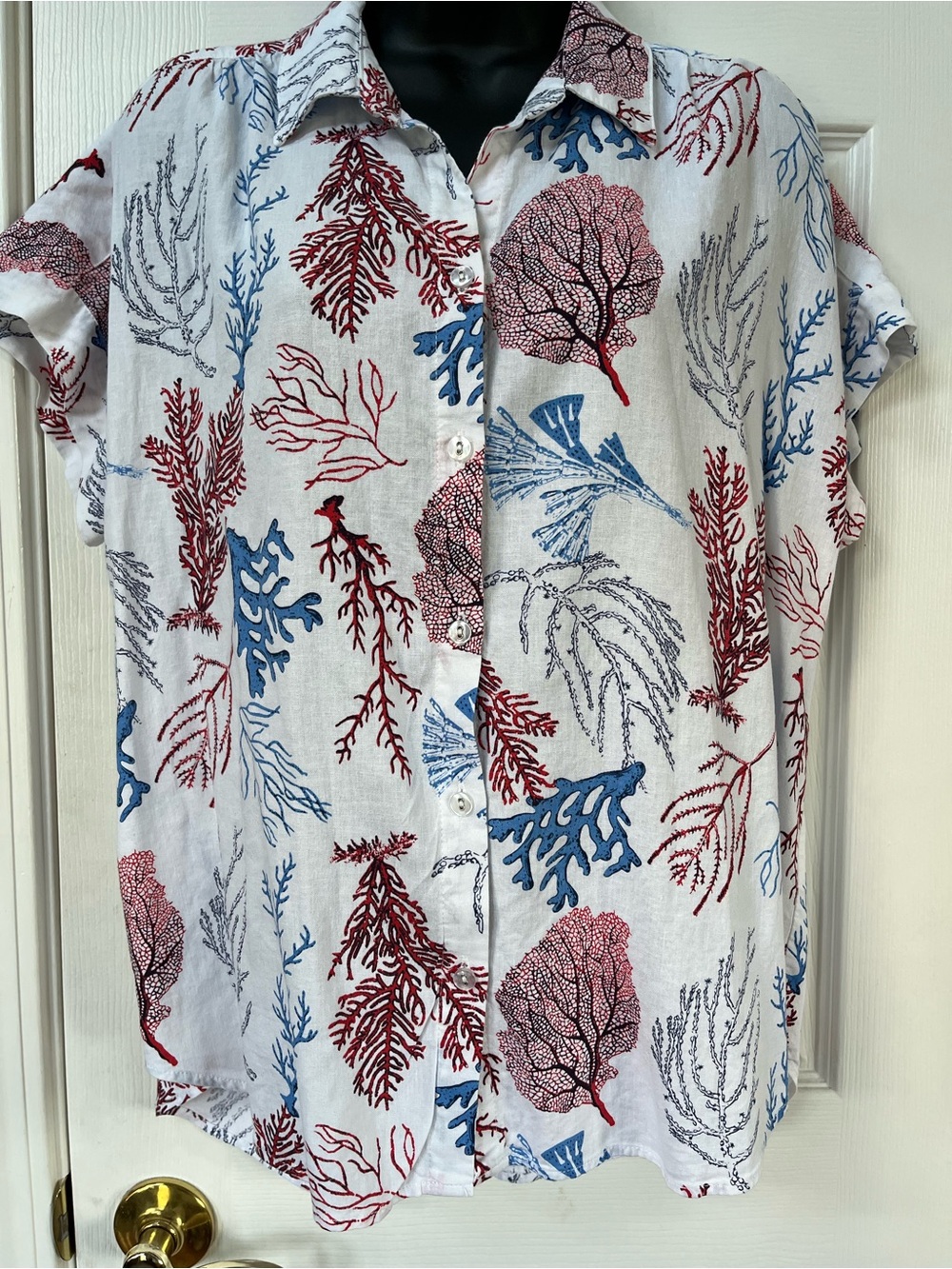 Jane and Delancey White Button-Up Blouse with Red & Blue Coral Print